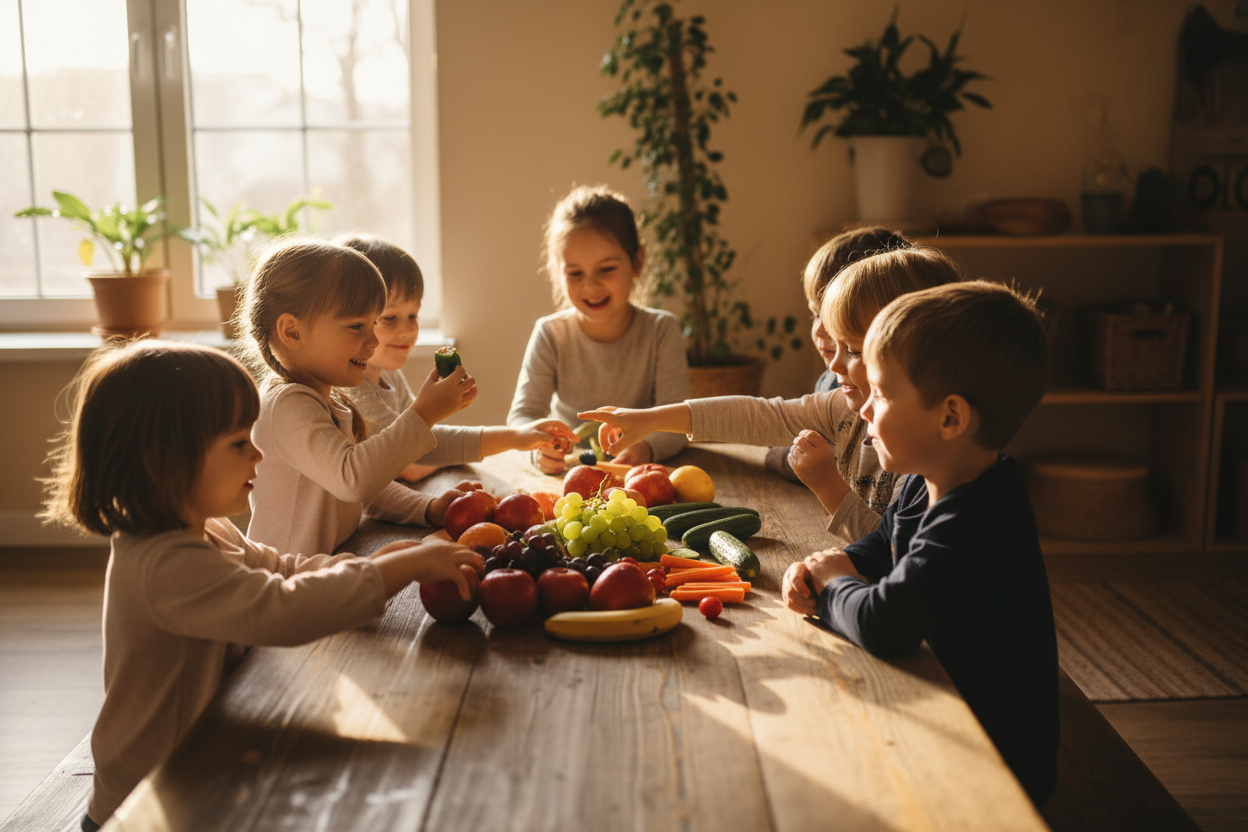 Erzeuge eine realistische, dokumentarische Szene im Querformat. Mehrere Kinder im Vorschul- und Grundschulalter sitzen gemeinsam an einem einfachen Holztisch in einer natürlichen Wohnumgebung. Auf dem Tisch liegen frisches Obst und Gemüse, leicht unperfekt arrangiert. Tageslicht, warme Farben, ruhige Atmosphäre. Keine gestellten Posen, keine Werbung. Fokus auf Alltag, Ernährung und Gemeinschaft. Stil: ruhig, authentisch, gesundheitsbezogen, ohne Inszenierung.